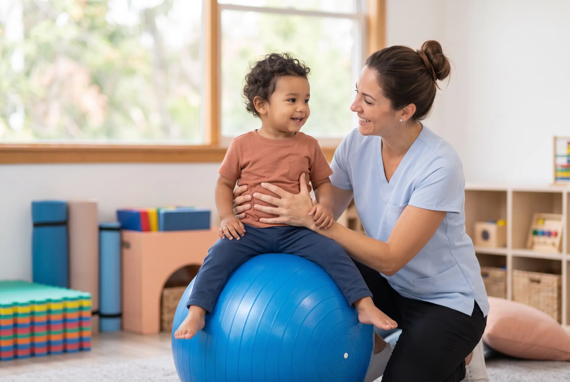 An occupational therapist supporting a young child balancing on a therapy ball in a bright therapy room